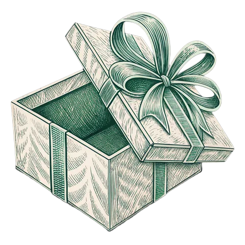 Line drawing of an open gift box with a ribbon bow