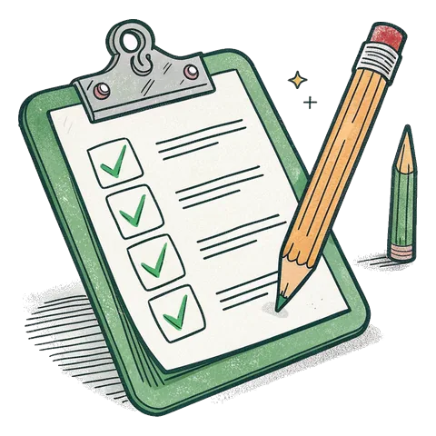 Line drawing of a clipboard with a ticked checklist and a pencil