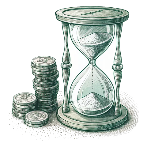 Line drawing of an hourglass beside stacks of coins