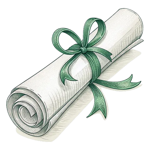 Line drawing of a rolled parchment scroll tied with a ribbon