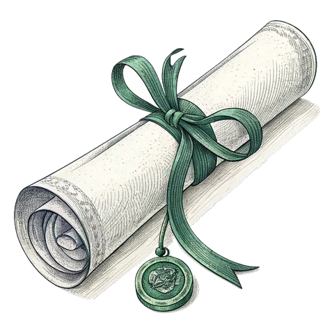 Line drawing of a rolled parchment scroll tied with a ribbon and a wax seal