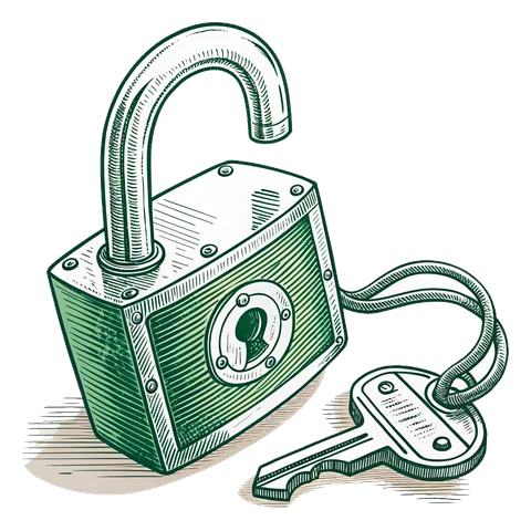 Line drawing of an open padlock with a key