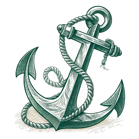 Line drawing of a ship's anchor with rope