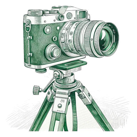 Line drawing of a vintage camera on a tripod