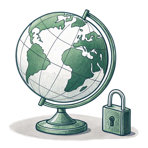 Line drawing of a desk globe beside a closed padlock