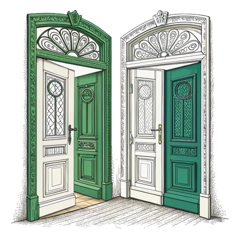 Line drawing of two doors side by side, one open