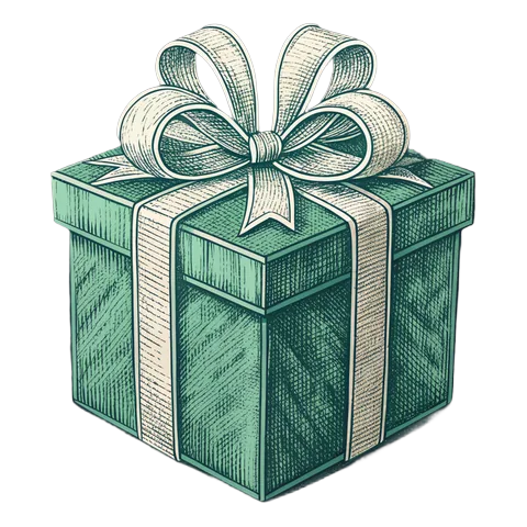 Line drawing of a gift box with a ribbon
