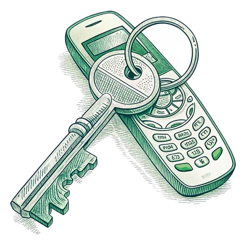 Line drawing of a key on a ring beside a mobile phone