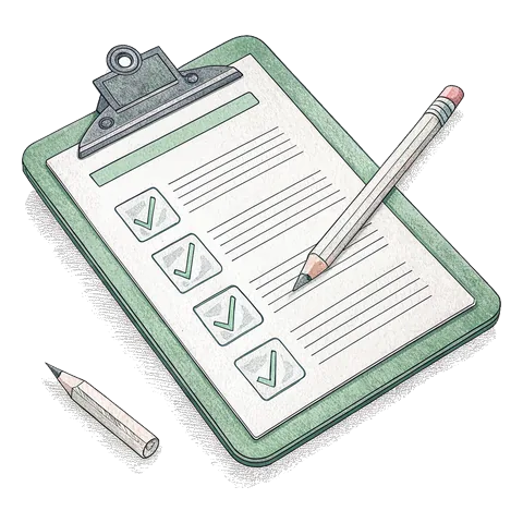 Line drawing of a clipboard with a ticked checklist and a pencil