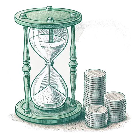 Line drawing of an hourglass beside stacks of coins
