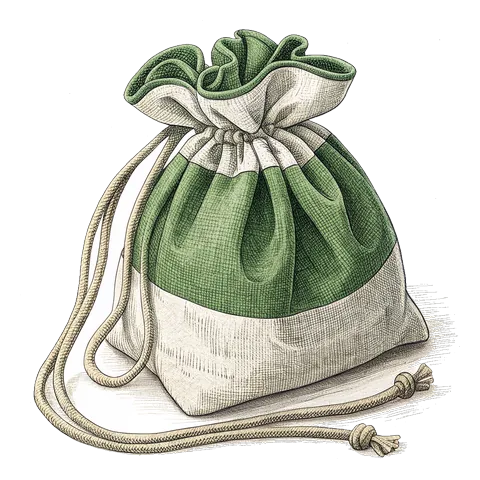 Line drawing of a small drawstring pouch