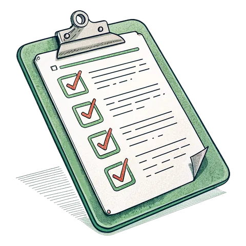 Line drawing of a clipboard with a ticked checklist