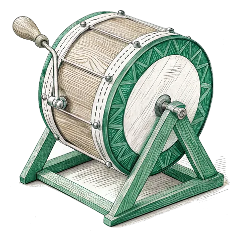 Line drawing of a wooden raffle drum with a crank