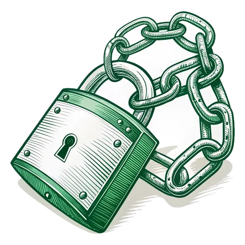 Line drawing of a heavy padlock with a chain