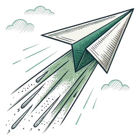 Line drawing of a paper airplane flying fast with speed lines