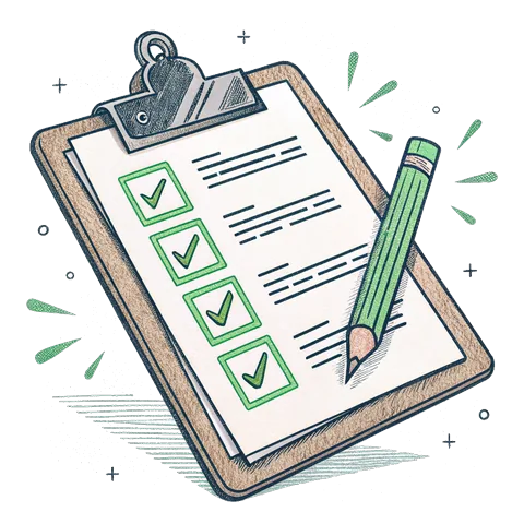 Line drawing of a clipboard with a ticked checklist and a pencil