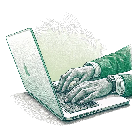 Line drawing of hands typing on a laptop