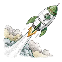 Line drawing of a small rocket taking off with a trail of smoke