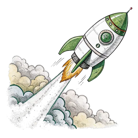 Line drawing of a small rocket taking off with a trail of smoke