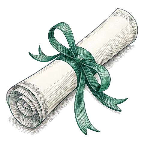 Line drawing of a rolled parchment scroll tied with a ribbon