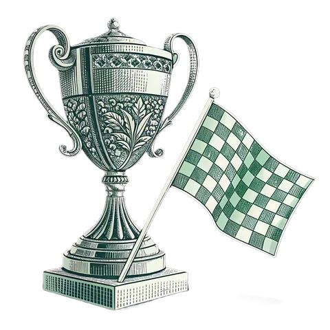 Line drawing of a trophy cup with a checkered racing flag