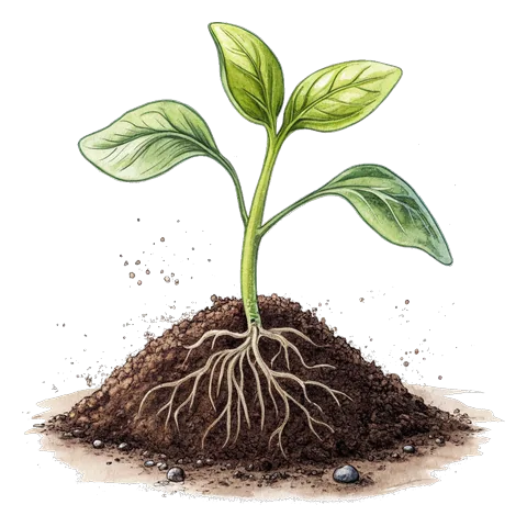 Line drawing of a young seedling sprouting from a mound of soil