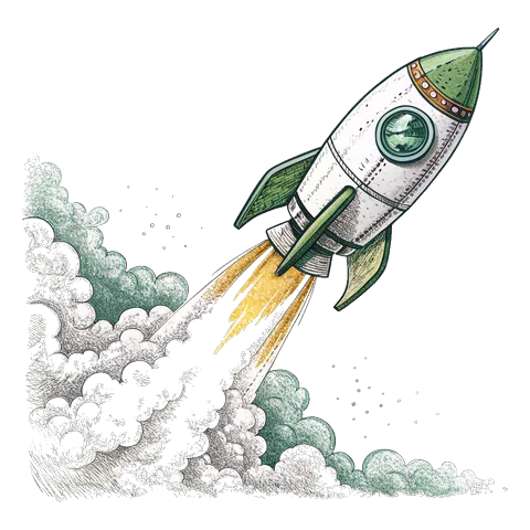 Line drawing of a small rocket lifting off
